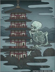 a skeleton sitting on top of a tall tower in front of a building with a sky background