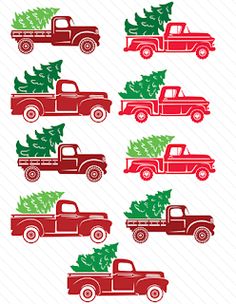 red and green trucks with christmas trees on the back, set of four silhouettes