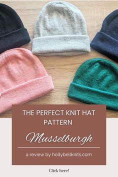 four knit hats with the text, the perfect knit hat pattern museum review by hollyblittkins com