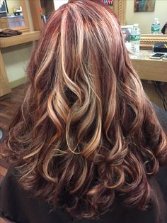 Red And Brown Bayalage Hair, Red And Blonde Bayalage, Red And Blonde Highlights Curly Hair, Brown Hair With Red And Blonde Highlight, Burgundy Hair With Blonde Highlights, Blonde Bayalage, Brunette Hair Color With Highlights, Bayalage Blonde