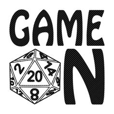 a black and white logo with the word game on it, next to a dice