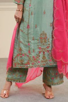 Pista green kurta with floral thread, beads, pearls and sequins embroidery. Paired with coordinating pant and pink scallop hem dupatta. - Aza Fashions Pista Green Raw Silk Salwar Kameez With Resham Embroidery, Embroidered Pista Green Dola Silk Palazzo Set, Green Resham Embroidered Salwar Kameez In Chinon, Pista Green Art Silk Churidar With Resham Embroidery, Pista Green Embroidered Dola Silk Sharara, Pista Green Embroidered Sharara In Dola Silk, Designer Embroidered Pista Green Palazzo Set, Unstitched Pista Green Palazzo Set For Reception, Embroidered Pista Green Dola Silk Sharara