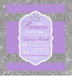 a little princess is on her way birthday party card with purple and silver glitter stripes