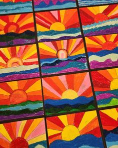 the sun is shining brightly in this colorful art project with crayons and colored pencils