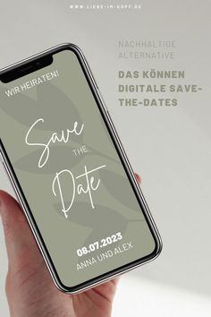 a person holding an iphone with the text save the date on it