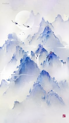 an artistic painting of mountains with birds flying over them