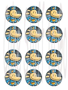 six stickers with cartoon characters on them in blue and yellow colors, each featuring a dog wearing a hat