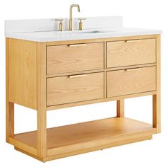 a bathroom vanity with two drawers and a single faucet in the middle, on a white background