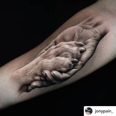 a black and white photo of a dog's paw on the left arm with watermarking