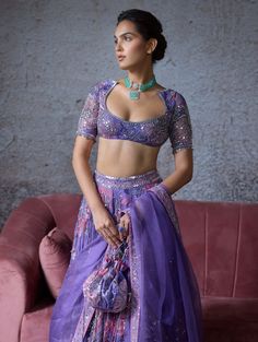 Lilac Lehenga, Scoop Neck Blouse, Printed Embroidery, Organza Lehenga, Set Saree, Embroidered Lehenga, Scoop Neck Blouses, Embroidered Organza, Organza Fabric