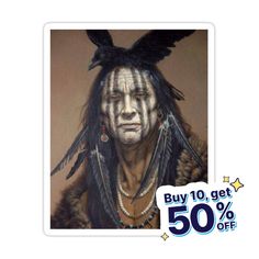 a sticker with an image of a native american man wearing feathers and beads on his head