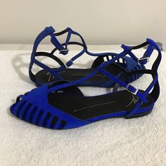 Brand New Giuseppe Zanotti Suede Sandals In Royal Blue! The Right Shoe Is Slightly Faded Because It Was Sitting In The Sun But Suede Shoe Dye Should Do The Trick. They Are Size 36 (Equivalent To Us Size 6). Never Worn! Royal Blue Sandals, How To Dye Shoes, Zanotti Shoes, Giuseppe Zanotti Shoes, Blue Sandals, Suede Sandals, Suede Shoes, Giuseppe Zanotti, Women's Shoes Sandals