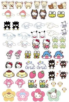 an assortment of cartoon stickers on a white surface with different colors and shapes, including cats