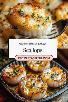 garlic butter baked scallops on a plate with a fork