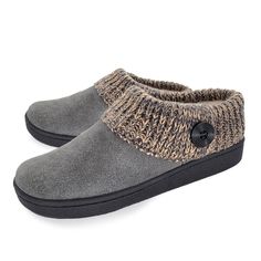 a pair of gray slippers with a button on the side and a black sole