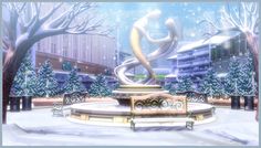 a digital painting of a fountain in the middle of a snowy park with trees and buildings