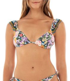 From Agua Bendita, this swim top features:Triangle silhouetteFloral placement printBeaded detailAdjustableRemovable paddingUPF protectionTie back closurePolyester/elastaneHand washImported. Triangle Swim Top, Swim Top, Swimming, Summer Fashion, Floral, Clothes