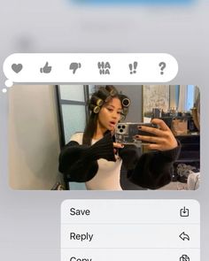 a woman taking a selfie with her cell phone in front of her face and the caption says, save repry copy