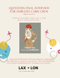 an advertisement with the words, questions final interview for emites cabin crew on it