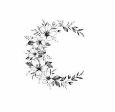 the letter c with flowers and leaves is drawn in black ink on a white background