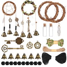 PRICES MAY VARY. Complete DIY Kit: you will get 2 natural wreaths, 6 bells, 2 rolls of twines, 1 roll of leave twine, 2 pentagrams, 2 mini bottles, 2 metal keys, 1 white crystal and 10 pcs black beads, you can create 2 sets of witchcraft decor Size Information: the natural wreath is about 10 cm/ 3.9 inches in diameter, the bell is about 3.8 cm/ 1.5 inches, the twine is about 1000 cm/ 32.8 ft and the leave twine is about 300 cm/ 9.84 ft long, suitable to make a witch decor Nice Decorative Effect: Witch Bells Diy, Witchcraft Diy, Witch Bells, Witchcraft Decor, Hanging Witch, Pagan Crafts, Doorknob Hangers, Diy Boho Decor, Witch Garden