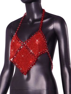 Red rhinestone embellished top. Glamorous Red Sequin Top, Glamorous Red Top For Party, Crystal Embellished Tops For Night Out In Summer, Glamorous Bedazzled Party Tops, Glamorous Bedazzled Fitted Tops, Glamorous Fitted Bedazzled Tops, Red Embellished Fitted Tops, Bedazzled Fitted Tops For Party, Fitted Bedazzled Tops For Party