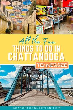 the cover of an article about things to do in chatanooga, tennessee with images of buildings and colorful umbrellas