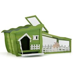 a green toy house with a dog inside