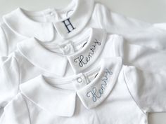 Peter Pan collar with detailed embroidery in the font color of your choice. This makes the perfect layering piece for your baby boy or toddler this winter! Customize with your choice of font and thread color. Collared Undershirt, Undershirt Long Sleeve, Layering Shirts, Collar Outfits, Rockabye Baby, Classic Baby Clothes, Baby Fits, Layered Shirts