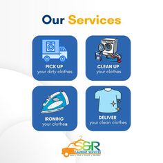 four different types of clothes and appliances are shown in this graphic above the words our services pick up, clean up, ironing, ironing, cleaning your clothes