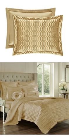 two beds with gold comforters and pillows in the same bedding set, one is made