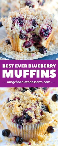 blueberry muffins with crumbled topping on top and the words best ever blueberry muffins