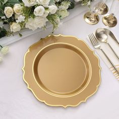 Gold Plastic Dinner Plates 10 Pack 10 Inches Scalloped Rim Hot Stamp, Color Plate, Round Plates, Plastic Cutlery, Holiday Dining, Dessert Salads, Disposable Plates, Disposable Tableware, Plastic Plates