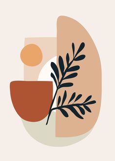 an illustration of a bowl with a plant in it and a half - circle on the side