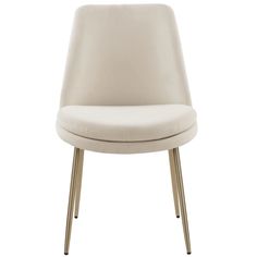 an upholstered white chair with metal legs and a round seat cushion on the back