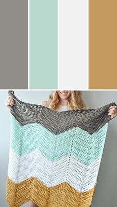 a woman holding up a crocheted blanket in front of her face and the color swatches behind her