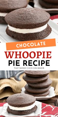 chocolate whoopie pies stacked on top of each other with the title overlay