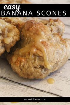 banana scones with caramel glaze are on a white wooden surface and text overlay reads easy banana scones