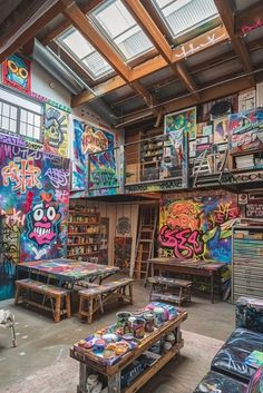 an art studio with lots of graffiti on the walls