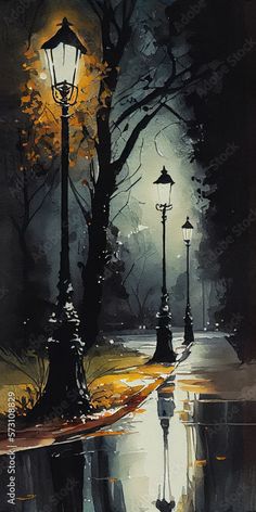 night, light, landscape, nature, tree, lights, dark, rain park, street lights, path, road, generative ai Road Drawing, Dark Rain, Road Painting, Light Landscape, Rain Painting, Park Street, Rain Art, Street Painting, Oil Pastel Art