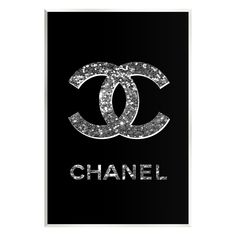 a chanel poster with the word chanel written in silver glitter on black background