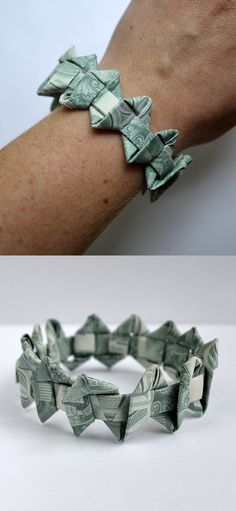 dollar bills folded into an origami bracelet