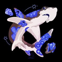 a painting of a shark with blue swirls on it's body