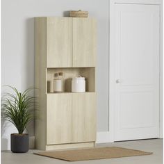 an empty room with a door and some plants on the floor, next to a tall wooden cabinet