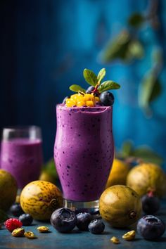 blueberry smoothie in a glass surrounded by fruit