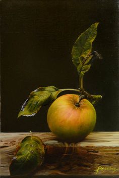 a painting of an apple and two leaves on a piece of wood with a black background