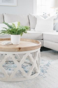 a living room with white furniture and a plant on the coffee table in front of the couch