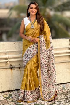 Elevate your style with this Mustard Yellow Floral Printed Kalamkari Saree, featuring intricate floral designs and timeless charm. Lightweight and elegant, it's perfect for any occasion! Floral Print Saree, Velvet Suit Design, Anarkali Suits Bollywood, Floral Print Sarees, Frock Style, Purple Saree, Bollywood Dress, Orange Saree, Print Saree