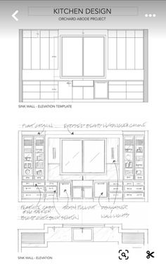 the kitchen design is shown in two separate sections, with different cabinets and drawers on each side