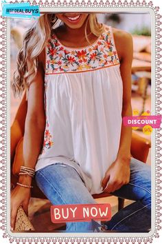 Floral-print Sleeveless Crew Neck Casual Shirts & Tops Sleeveless Graphic Print Summer Vest, Casual Printed Spring Vest, Casual Printed Sleeveless Vest, White Graphic Print Blouse For Beach, White Graphic Print Beach Blouse, Printed White Tank Top, Spring Sleeveless Blouse With Graphic Print, Sleeveless Graphic Print Vacation Tops, Sleeveless Graphic Print Top For Vacation